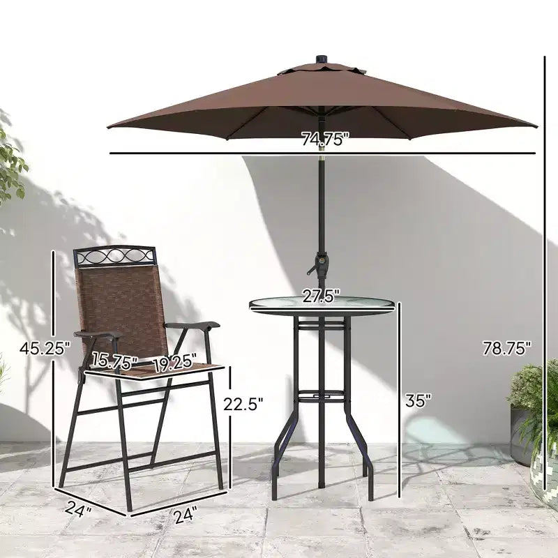 Set da bar da esterno da 4 pezzi con ombrellone, set da pranzo per patio con 2 sedie pieghevoli, tavolo in vetro temperato con texture a onde per cortile, giardino, terrazza, bordo piscina