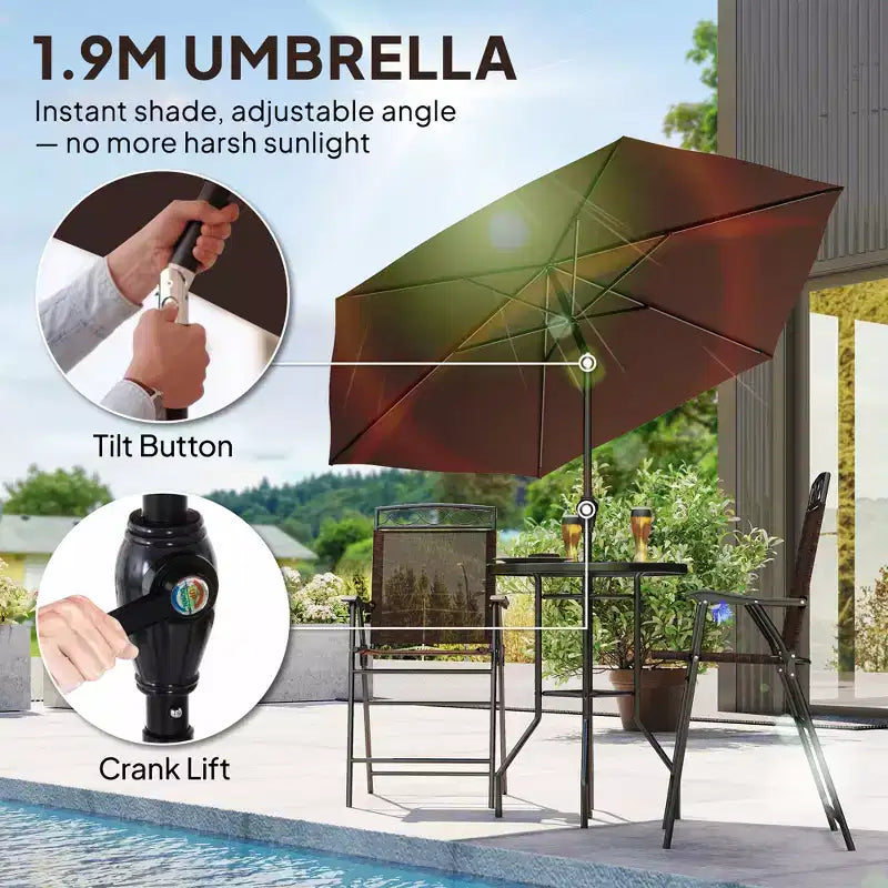 Set da bar da esterno da 4 pezzi con ombrellone, set da pranzo per patio con 2 sedie pieghevoli, tavolo in vetro temperato con texture a onde per cortile, giardino, terrazza, bordo piscina