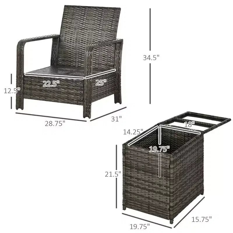 Ensemble de meubles de patio 3 pièces, table et chaises de rangement en rotin PE