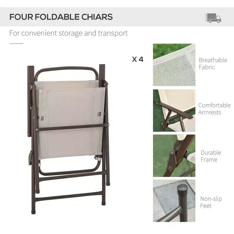 Set da pranzo da patio da 6 pezzi per 4 persone con ombrellone, tavolo e sedie da esterno con 4 sedie da pranzo pieghevoli e tavolo rotondo in vetro