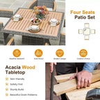 Set da pranzo da patio per 4, tavolo e sedie da esterno in rattan per tutte le stagioni con piano in legno di acacia
