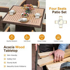 Set da pranzo da patio per 4, tavolo e sedie da esterno in rattan per tutte le stagioni con piano in legno di acacia