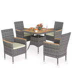 Set da pranzo da patio per 4, tavolo e sedie da esterno in rattan per tutte le stagioni con piano in legno di acacia