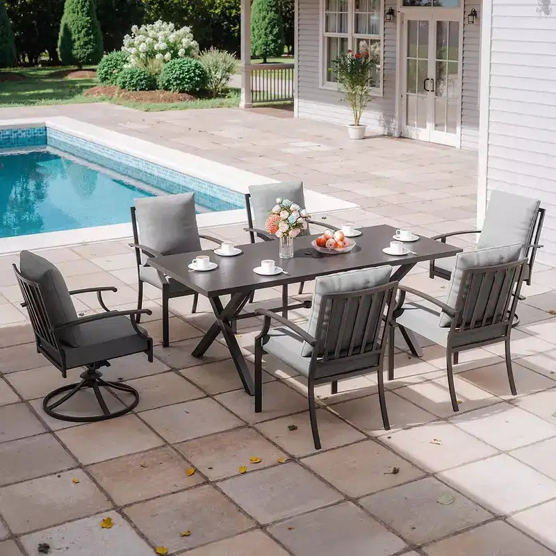 ALAULM Set da Pranzo da Esterno 7 Pezzi con 2 Sedie Girevoli e 4 Sedie Fisse, Set Mobili da Giardino in Metallo con 6 Sedie e Tavolo Grande con Foro per Ombrellone