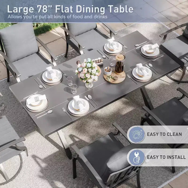 ALAULM Set da Pranzo da Esterno 7 Pezzi con 2 Sedie Girevoli e 4 Sedie Fisse, Set Mobili da Giardino in Metallo con 6 Sedie e Tavolo Grande con Foro per Ombrellone