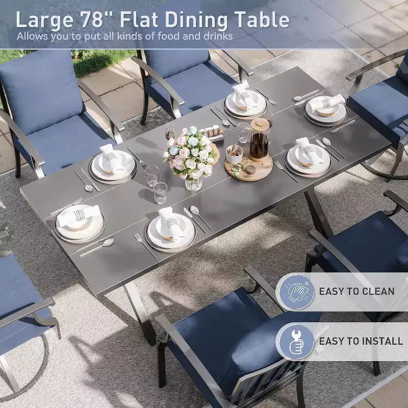 ALAULM Set da Pranzo da Esterno 7 Pezzi con 2 Sedie Girevoli e 4 Sedie Fisse, Set Mobili da Giardino in Metallo con 6 Sedie e Tavolo Grande con Foro per Ombrellone