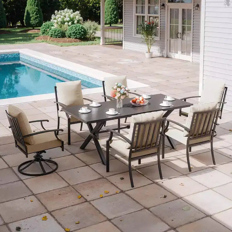 ALAULM Set da Pranzo da Esterno 7 Pezzi con 2 Sedie Girevoli e 4 Sedie Fisse, Set Mobili da Giardino in Metallo con 6 Sedie e Tavolo Grande con Foro per Ombrellone