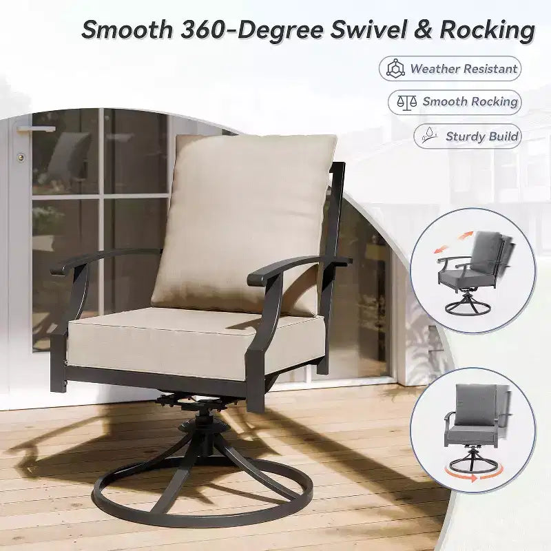 ALAULM Set da Pranzo da Esterno 7 Pezzi con 2 Sedie Girevoli e 4 Sedie Fisse, Set Mobili da Giardino in Metallo con 6 Sedie e Tavolo Grande con Foro per Ombrellone