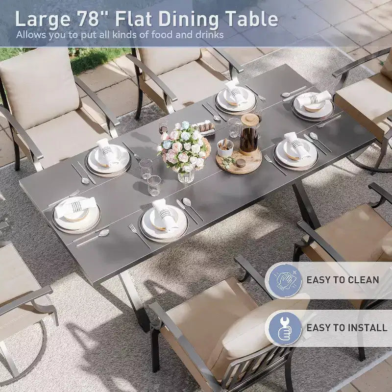 ALAULM Set da Pranzo da Esterno 7 Pezzi con 2 Sedie Girevoli e 4 Sedie Fisse, Set Mobili da Giardino in Metallo con 6 Sedie e Tavolo Grande con Foro per Ombrellone