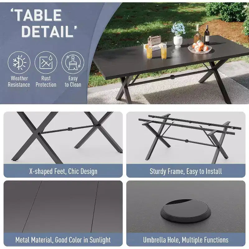 ALAULM Set da Pranzo da Esterno 7 Pezzi con 2 Sedie Girevoli e 4 Sedie Fisse, Set Mobili da Giardino in Metallo con 6 Sedie e Tavolo Grande con Foro per Ombrellone