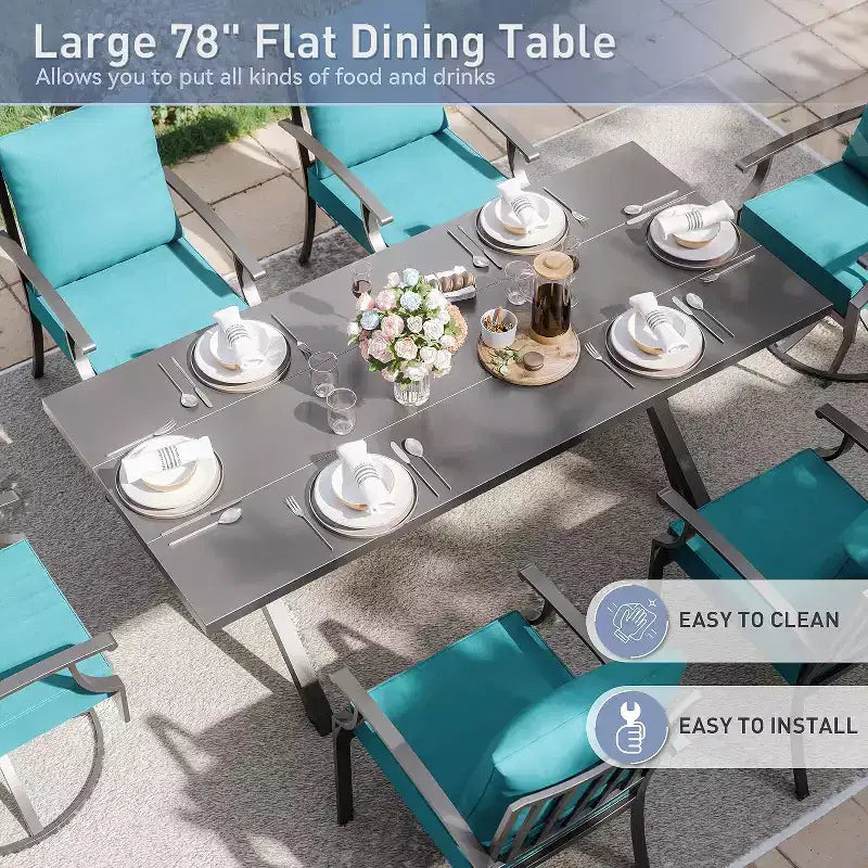 ALAULM Set da Pranzo da Esterno 7 Pezzi con 2 Sedie Girevoli e 4 Sedie Fisse, Set Mobili da Giardino in Metallo con 6 Sedie e Tavolo Grande con Foro per Ombrellone