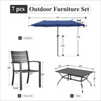 Captiva Designs Set da pranzo 8 pezzi: tavolo in acciaio con ripiano a doghe e sedie in metallo con schienale a righe, con ombrellone da mercato