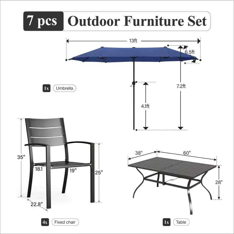 Captiva Designs Set da pranzo 8 pezzi: tavolo in acciaio con ripiano a doghe e sedie in metallo con schienale a righe, con ombrellone da mercato