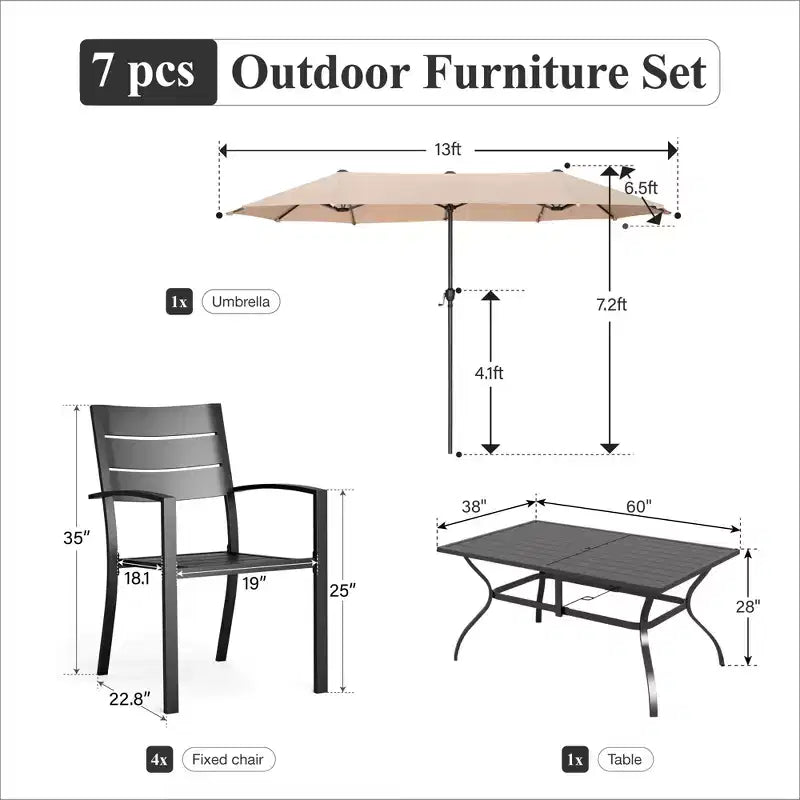 Captiva Designs Set da pranzo 8 pezzi: tavolo in acciaio con ripiano a doghe e sedie in metallo con schienale a righe, con ombrellone da mercato