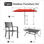 Captiva Designs Set da pranzo 8 pezzi: tavolo in acciaio con ripiano a doghe e sedie in metallo con schienale a righe, con ombrellone da mercato