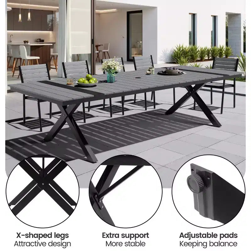 Set da Pranzo da Esterno Crestlive Products, Gambe a X Stabili con Poltrone, Tavolo Effetto Legno, Telaio in Alluminio e Foro per Ombrellone