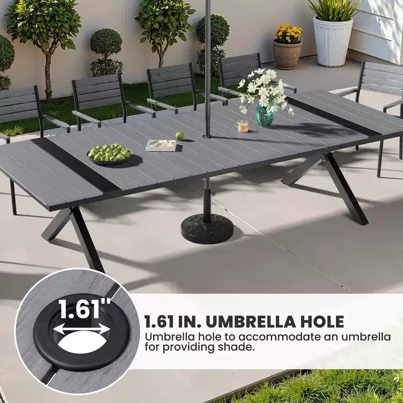 Set da Pranzo da Esterno Crestlive Products, Gambe a X Stabili con Poltrone, Tavolo Effetto Legno, Telaio in Alluminio e Foro per Ombrellone