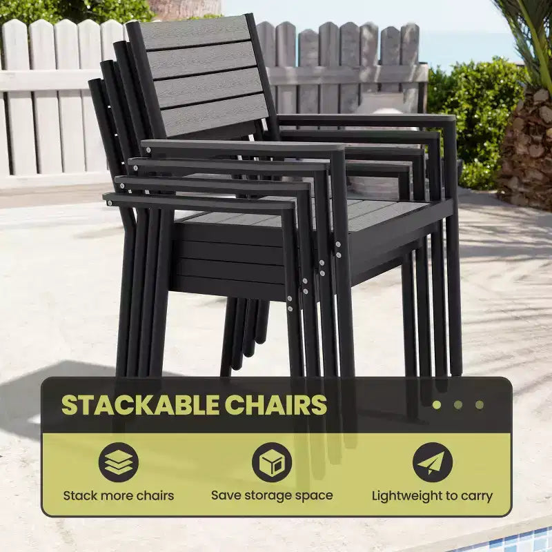 Set da Pranzo da Esterno Crestlive Products, Gambe a X Stabili con Poltrone, Tavolo Effetto Legno, Telaio in Alluminio e Foro per Ombrellone