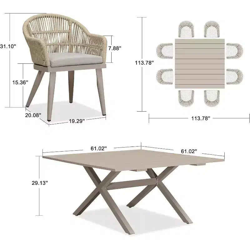 Set da pranzo da patio PURPLE LEAF con tavolo da pranzo da esterno in alluminio e sedie in rattan intrecciato, set di mobili moderni per giardino, cortile, arredamento da interni, colore champagne