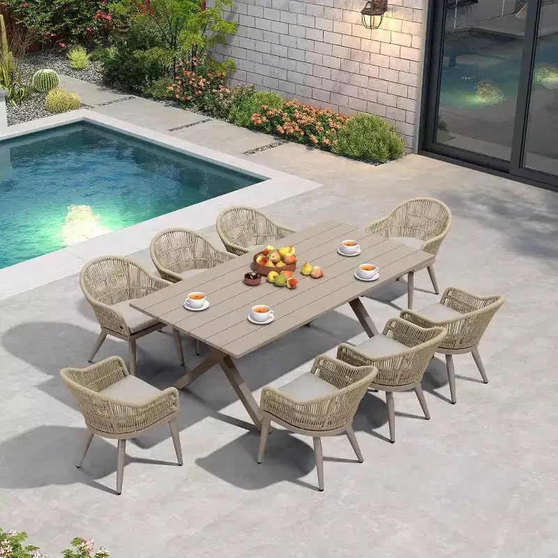 Ensemble de salle à manger de patio PURPLE LEAF avec table à manger d'extérieur en aluminium et chaises en rotin tressé, ensemble de meubles modernes pour jardin, cour, décoration intérieure, couleur champagne