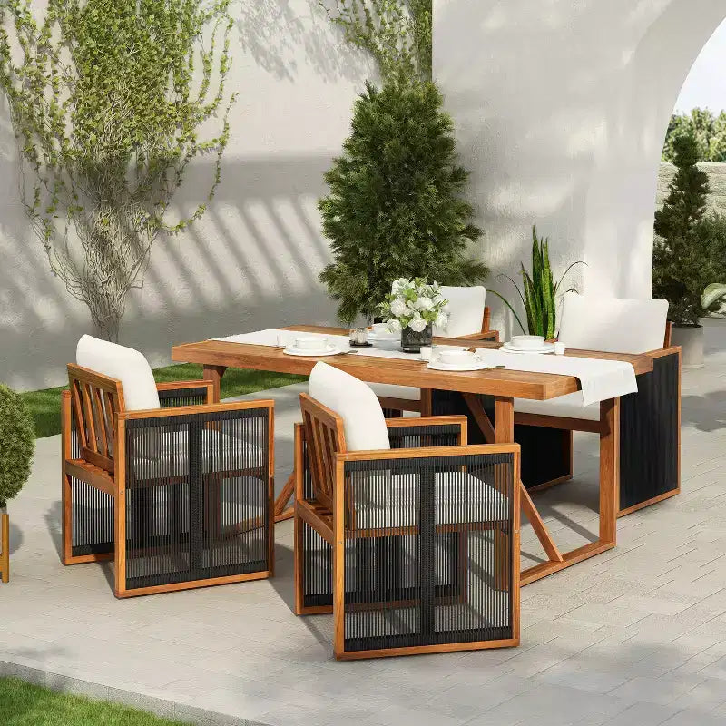 Christopher Knight Home Reina Ensemble repas d'extérieur moderne 5 pièces en bois d'acacia avec corde tressée à la main