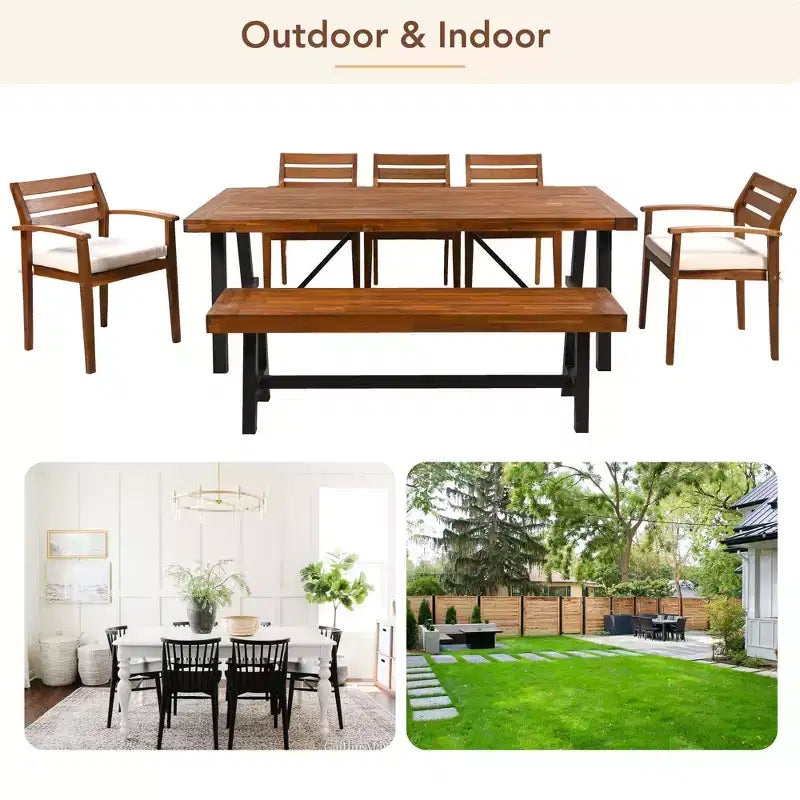 Ensemble de salle à manger d'extérieur en bois CLIHOME pour 7-8 personnes, mobilier de salle à manger d'extérieur avec coussins amovibles, chaises et banc ergonomiques