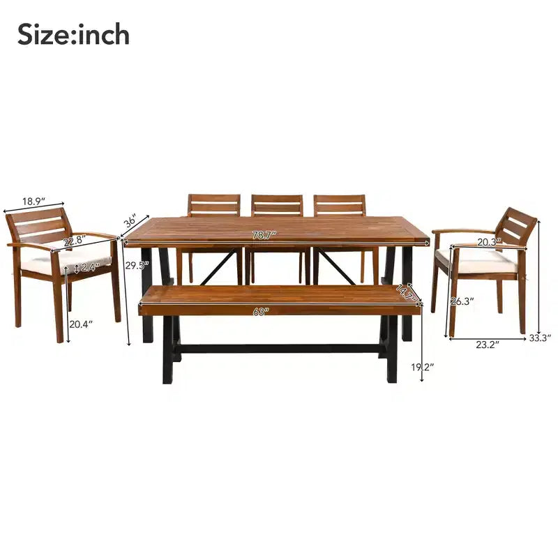 Ensemble de salle à manger d'extérieur en bois CLIHOME pour 7-8 personnes, mobilier de salle à manger d'extérieur avec coussins amovibles, chaises et banc ergonomiques