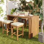 Set da bar da esterno CLIHOME 5 pezzi, tavolo da bar altezza bancone in legno di acacia e quattro sgabelli con cuscini, set da pranzo da bar in legno