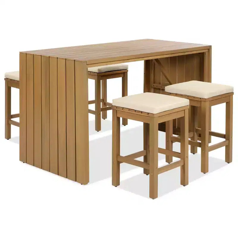 Set da bar da esterno CLIHOME 5 pezzi, tavolo da bar altezza bancone in legno di acacia e quattro sgabelli con cuscini, set da pranzo da bar in legno