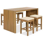 Set da bar da esterno CLIHOME 5 pezzi, tavolo da bar altezza bancone in legno di acacia e quattro sgabelli con cuscini, set da pranzo da bar in legno