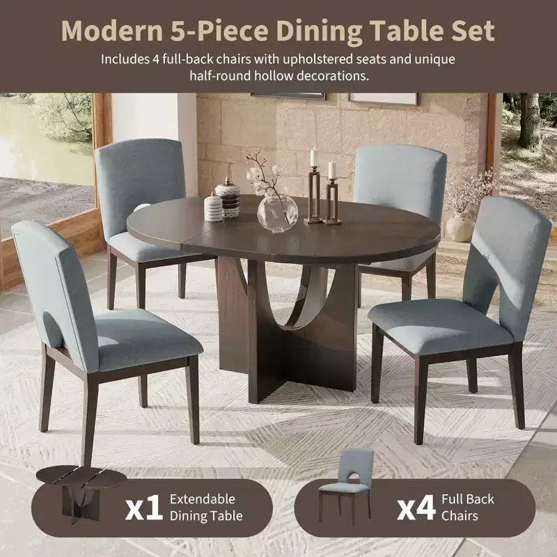 MAYEERTY Set da pranzo moderno e allungabile da 5 pezzi, con tavolo rotondo da 41,2 cm, per piccoli spazi, Espresso + Grigio