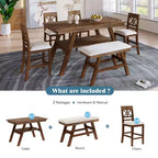 MAYEERTY Ensemble de table à manger 6 pièces en bois à hauteur de comptoir, style rustique avec étagère de rangement, banc et 4 chaises, noyer + beige