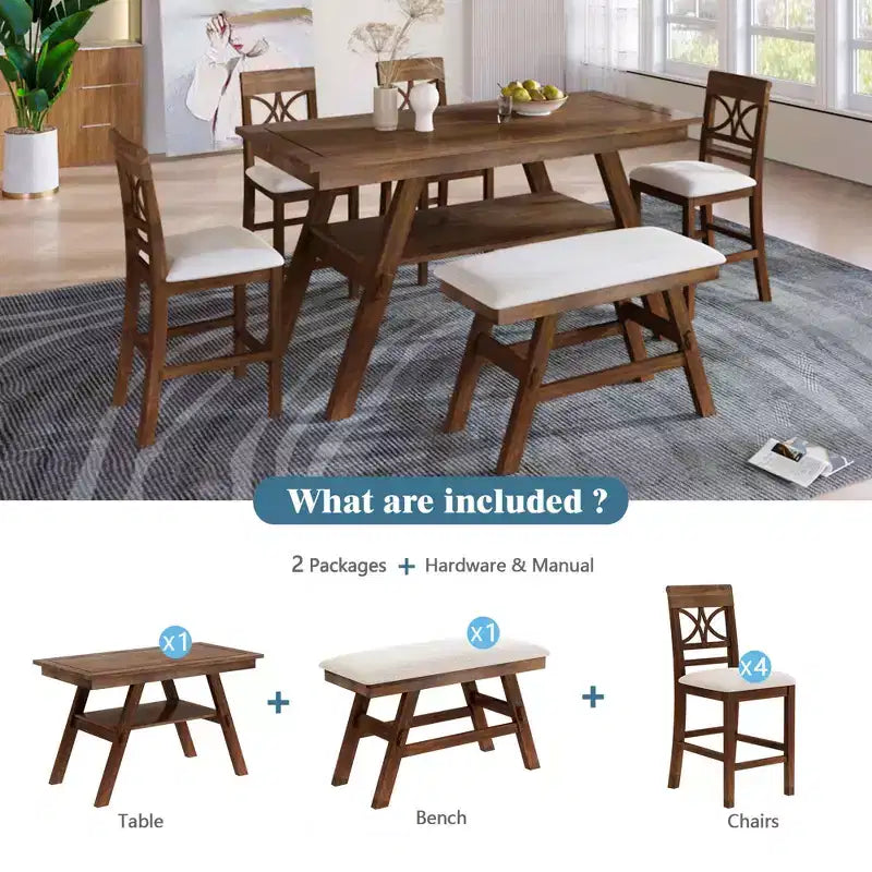 MAYEERTY Ensemble de table à manger 6 pièces en bois à hauteur de comptoir, style rustique avec étagère de rangement, banc et 4 chaises, noyer + beige