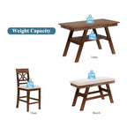 MAYEERTY Ensemble de table à manger 6 pièces en bois à hauteur de comptoir, style rustique avec étagère de rangement, banc et 4 chaises, noyer + beige