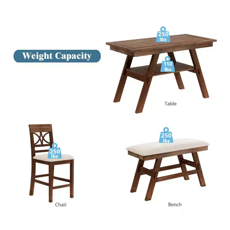 MAYEERTY Ensemble de table à manger 6 pièces en bois à hauteur de comptoir, style rustique avec étagère de rangement, banc et 4 chaises, noyer + beige