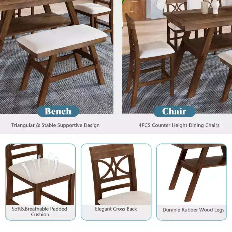 MAYEERTY Ensemble de table à manger 6 pièces en bois à hauteur de comptoir, style rustique avec étagère de rangement, banc et 4 chaises, noyer + beige
