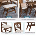 MAYEERTY Ensemble de table à manger 6 pièces en bois à hauteur de comptoir, style rustique avec étagère de rangement, banc et 4 chaises, noyer + beige