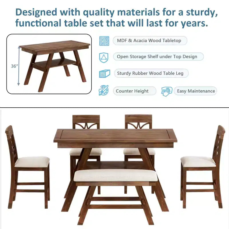 MAYEERTY Ensemble de table à manger 6 pièces en bois à hauteur de comptoir, style rustique avec étagère de rangement, banc et 4 chaises, noyer + beige