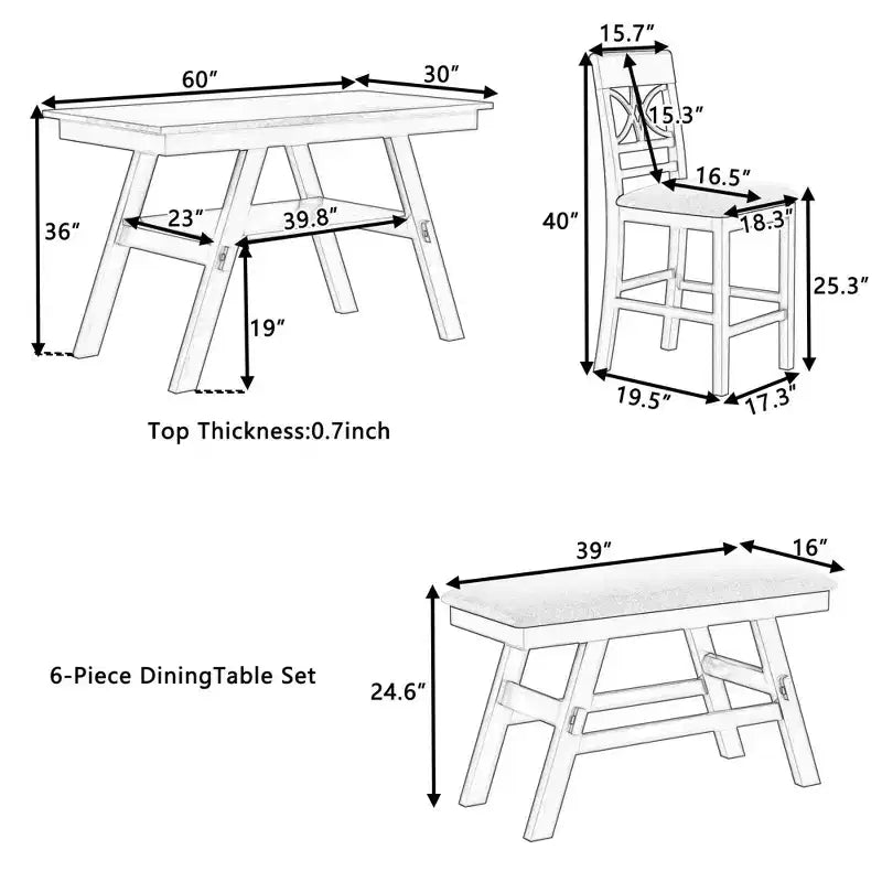 MAYEERTY Ensemble de table à manger 6 pièces en bois à hauteur de comptoir, style rustique avec étagère de rangement, banc et 4 chaises, noyer + beige