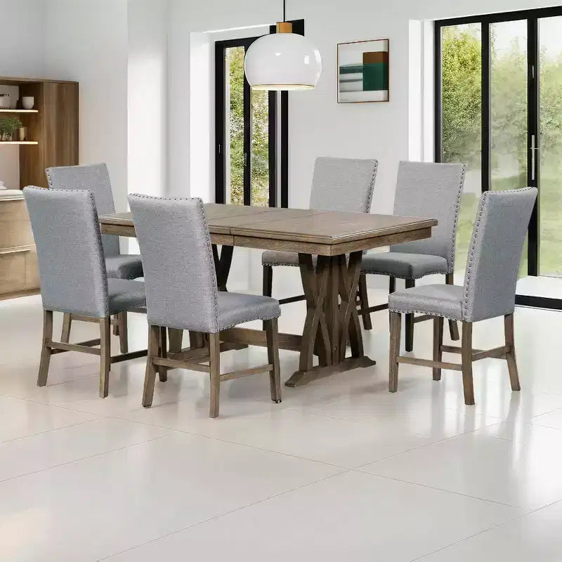 Ensemble de salle à manger extensible MAYEERTY 7 pièces en bois massif du milieu du siècle, avec rallonge de 30,5 cm, chaises rembourrées pour 6 personnes, marron doré + gris
