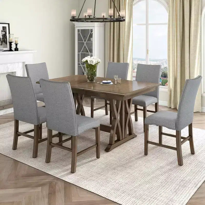 Ensemble de salle à manger extensible MAYEERTY 7 pièces en bois massif du milieu du siècle, avec rallonge de 30,5 cm, chaises rembourrées pour 6 personnes, marron doré + gris