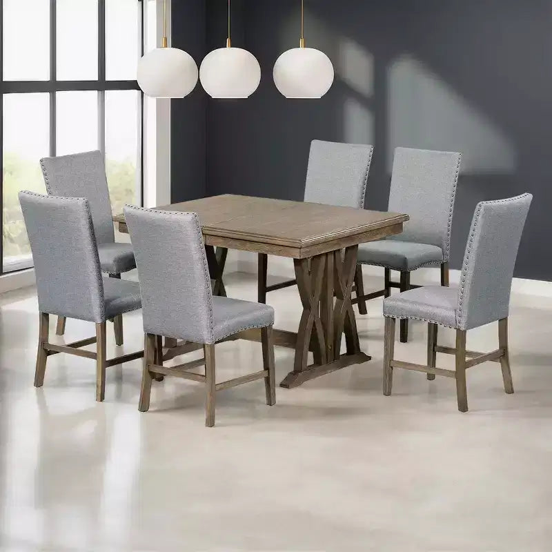 Ensemble de salle à manger extensible MAYEERTY 7 pièces en bois massif du milieu du siècle, avec rallonge de 30,5 cm, chaises rembourrées pour 6 personnes, marron doré + gris