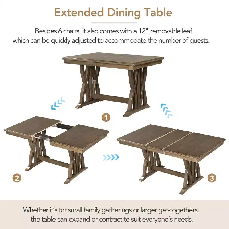 Ensemble de salle à manger extensible MAYEERTY 7 pièces en bois massif du milieu du siècle, avec rallonge de 30,5 cm, chaises rembourrées pour 6 personnes, marron doré + gris