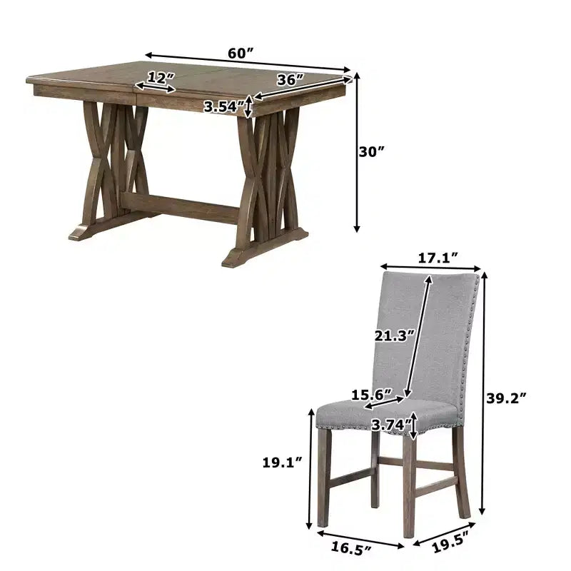 Ensemble de salle à manger extensible MAYEERTY 7 pièces en bois massif du milieu du siècle, avec rallonge de 30,5 cm, chaises rembourrées pour 6 personnes, marron doré + gris
