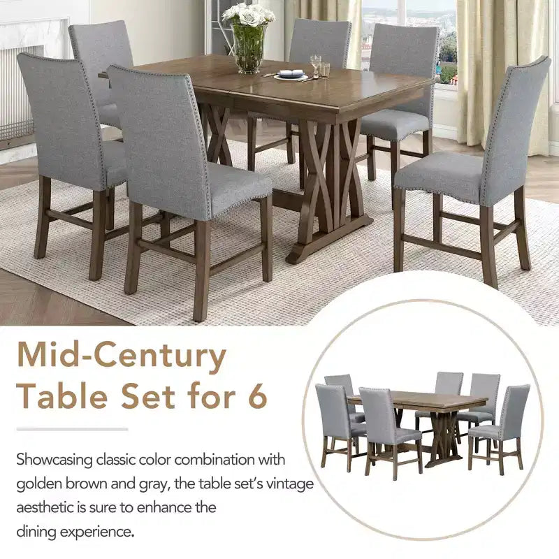 Ensemble de salle à manger extensible MAYEERTY 7 pièces en bois massif du milieu du siècle, avec rallonge de 30,5 cm, chaises rembourrées pour 6 personnes, marron doré + gris
