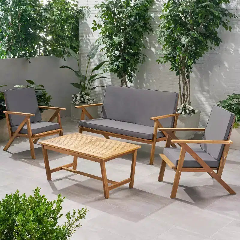 Set conversazione da esterno MAYEERTY 4 pezzi in legno di acacia, cuscini grigi resistenti all'acqua
