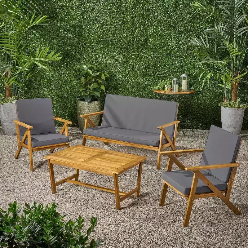 Set conversazione da esterno MAYEERTY 4 pezzi in legno di acacia, cuscini grigi resistenti all'acqua