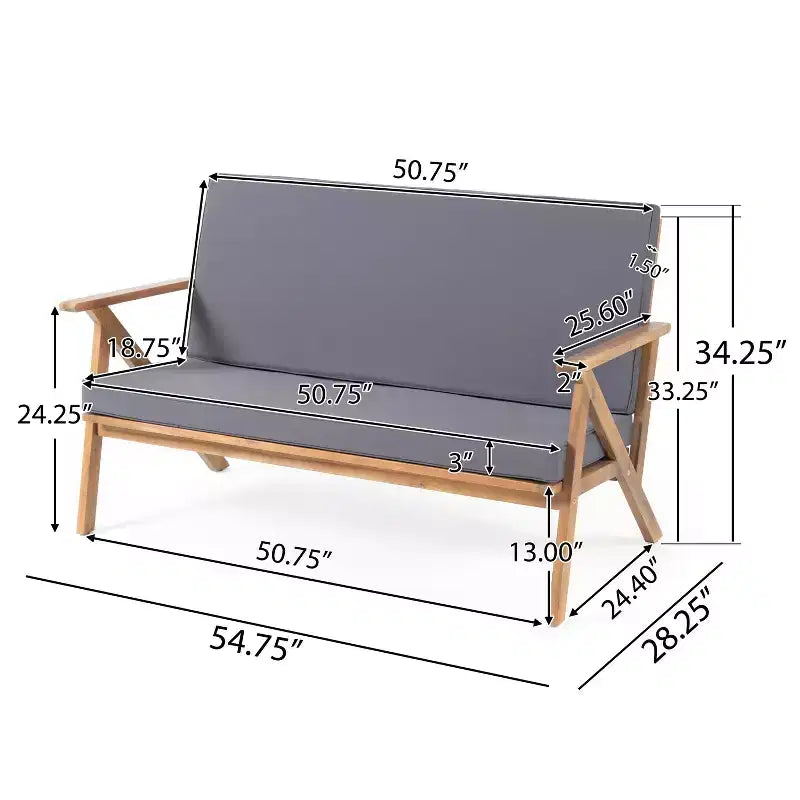 Set conversazione da esterno MAYEERTY 4 pezzi in legno di acacia, cuscini grigi resistenti all'acqua