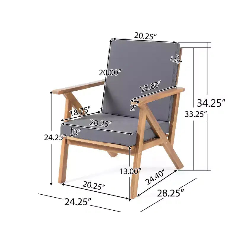 Set conversazione da esterno MAYEERTY 4 pezzi in legno di acacia, cuscini grigi resistenti all'acqua