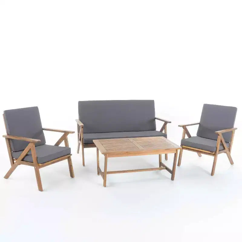 Set conversazione da esterno MAYEERTY 4 pezzi in legno di acacia, cuscini grigi resistenti all'acqua